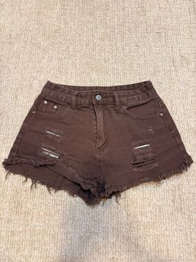 SHEIN Brown Distressed High-Rise Denim Shorts